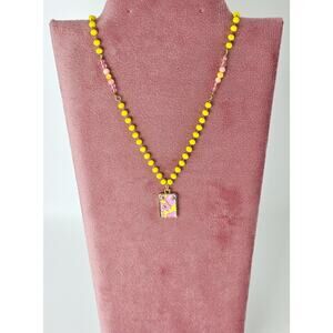 Vibrant Pink Yellow Necklace Pendant Dainty Rosary Gold Plated Adjustable Chain
